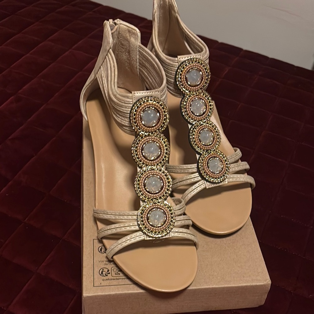 Gold and Cream T-Strap Sandals with Decorative Embellishments